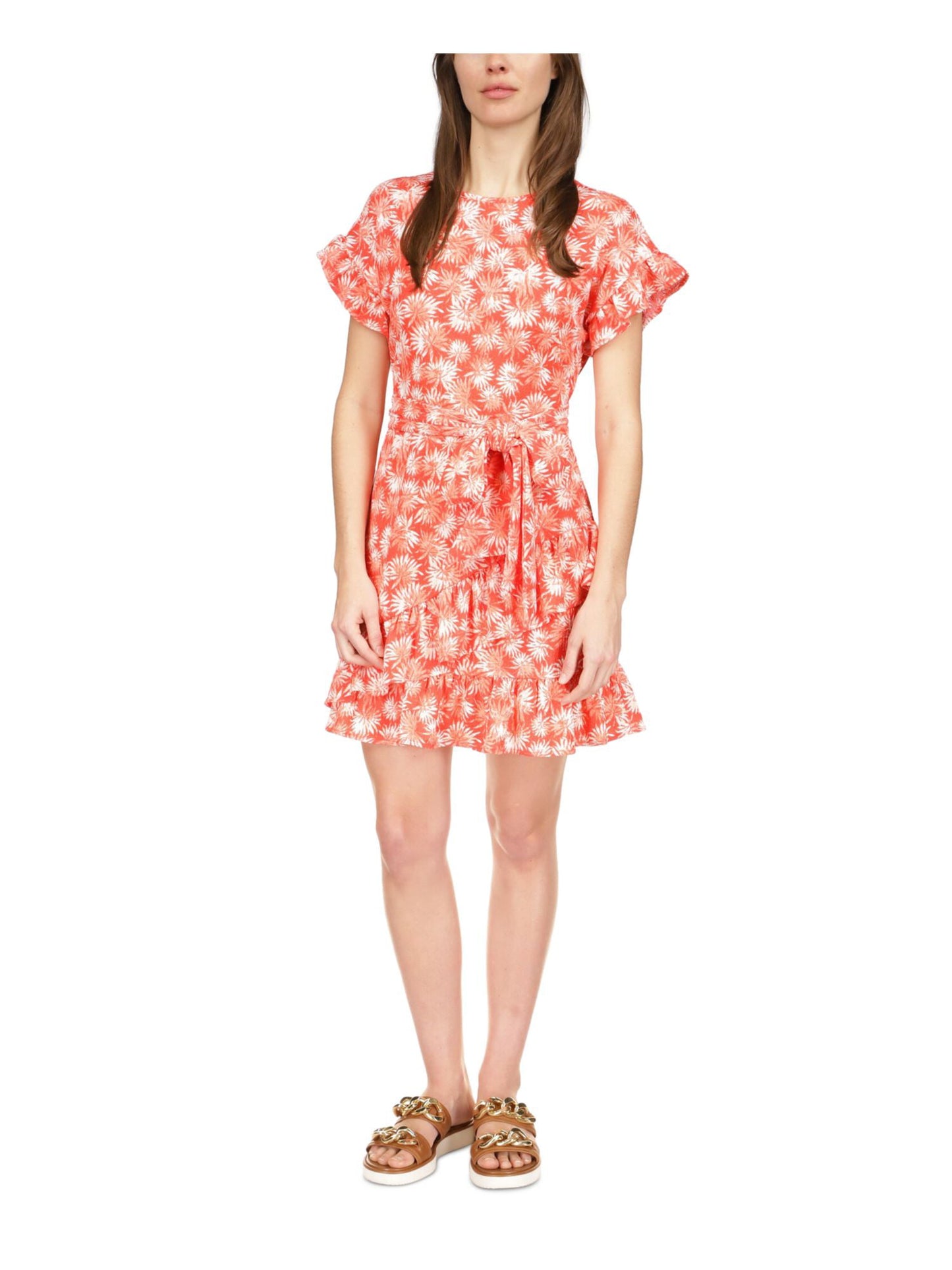 Michael Kors Women's Zippered Ruffled Printed Flutter Sleeve Round Neck Above The Knee Shift Dress Red Size Medium