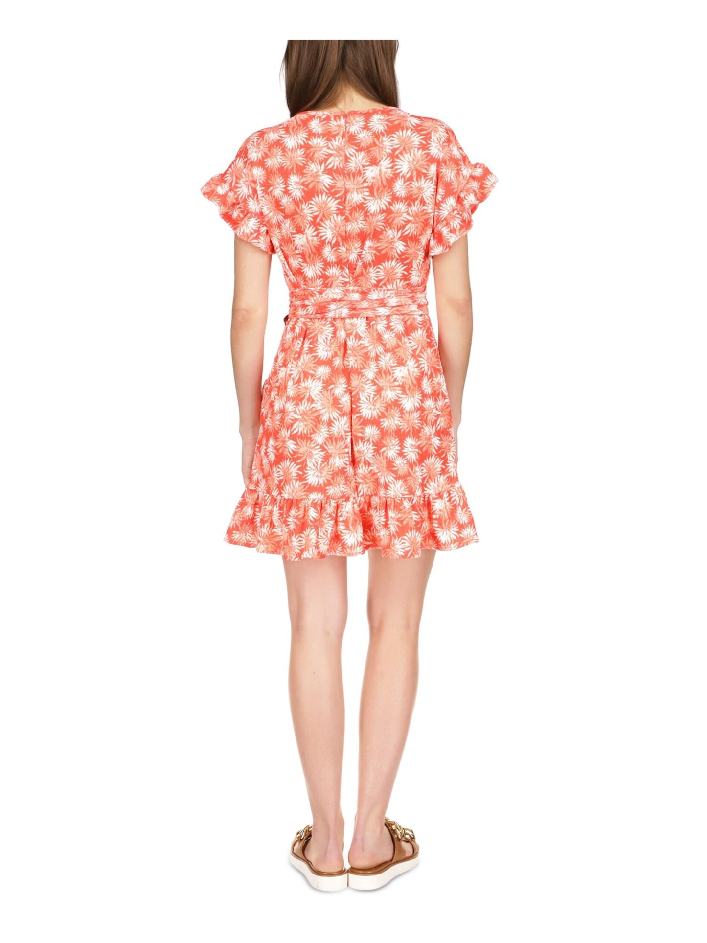 Michael Kors Women's Zippered Ruffled Printed Flutter Sleeve Round Neck Above The Knee Shift Dress Red Size Medium