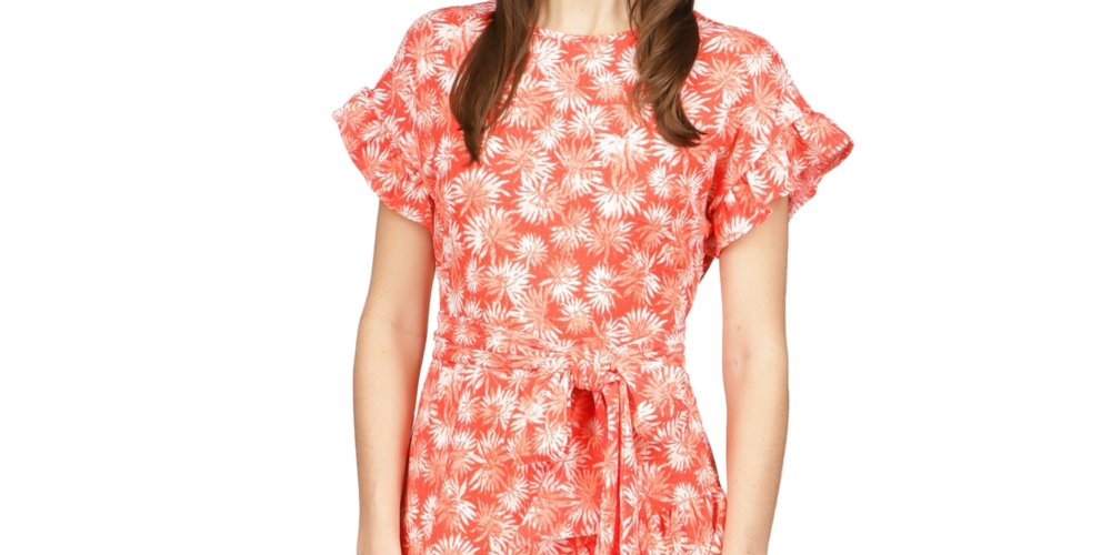 Michael Kors Women's Zippered Ruffled Printed Flutter Sleeve Round Neck Above The Knee Shift Dress Red Size Medium