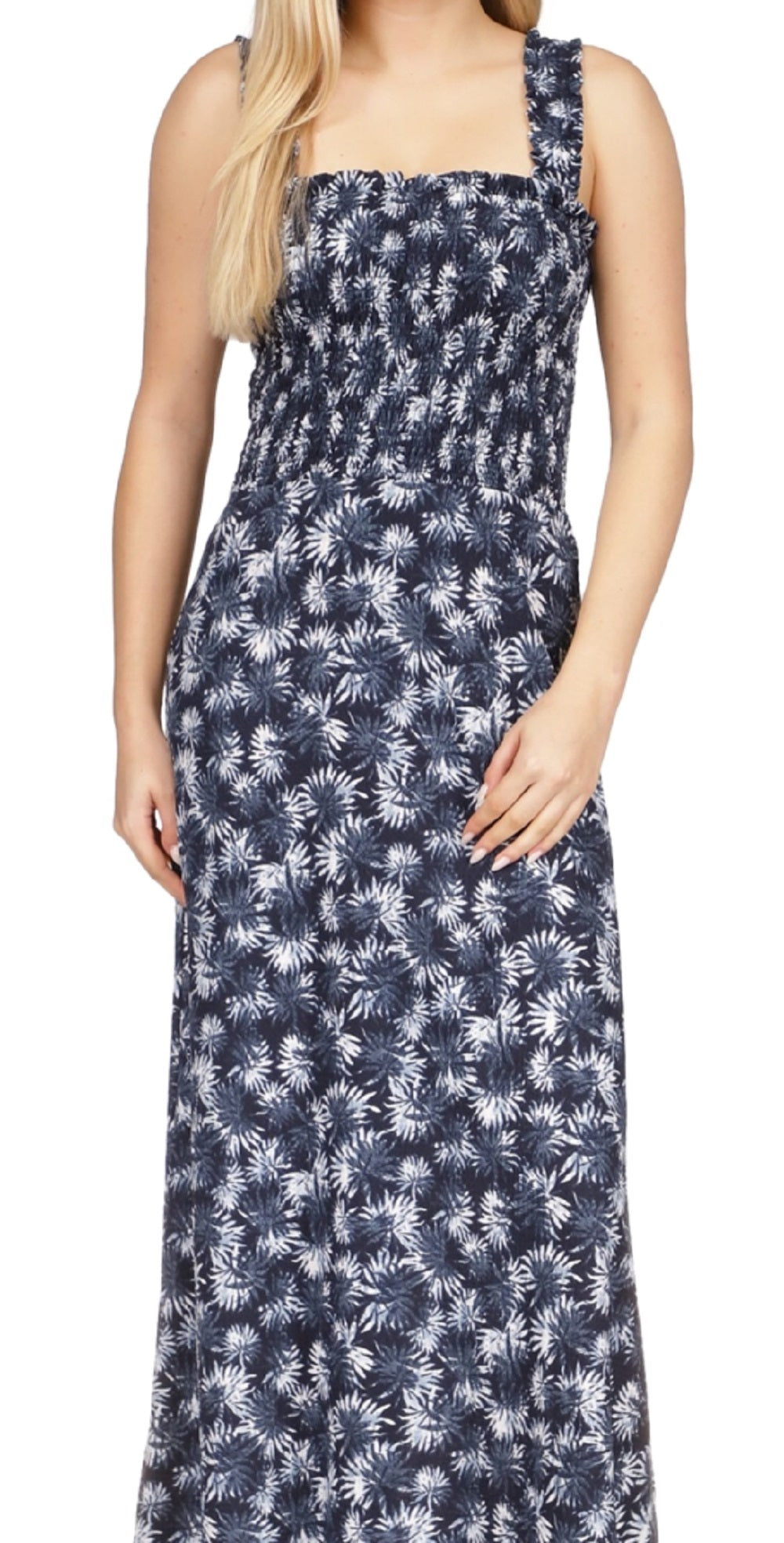 Michael Kors Women's Printed Smocked Maxi Dress Blue Size Medium