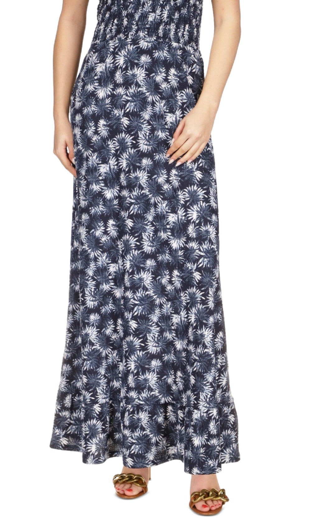 Michael Kors Women's Printed Smocked Maxi Dress Blue Size Medium