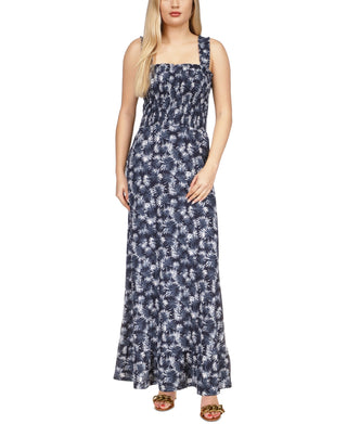 Michael Kors Women's Printed Smocked Maxi Dress Blue Size Medium