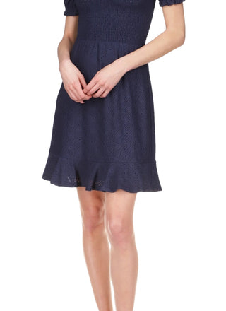 Michael Kors Women's Eyelet Smocked Peasant Dress Blue Size Medium