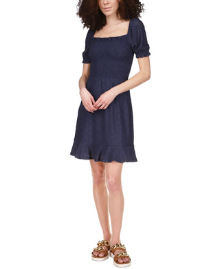 Michael Kors Women's Eyelet Smocked Peasant Dress Blue Size Medium