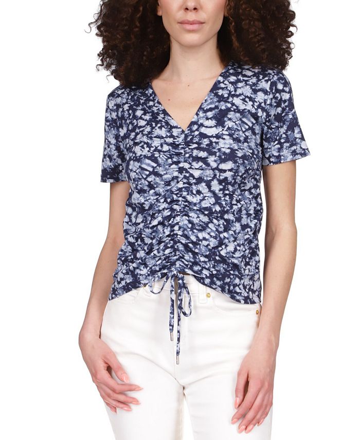 Michael Kors Women's Tied Dyed Print Ruched Top Blue Size Petite X-Large