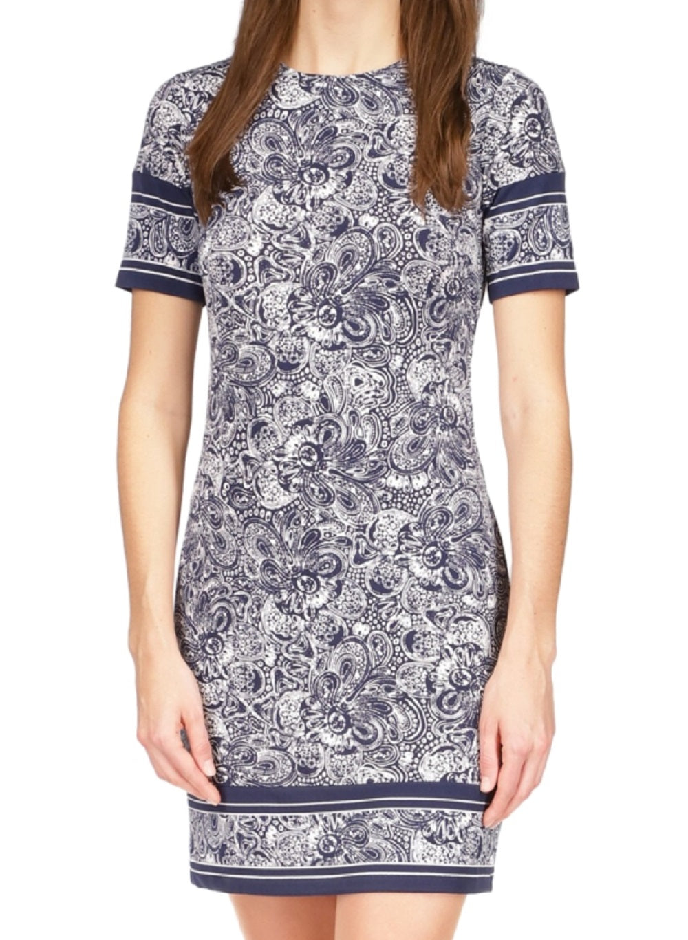 Michael Kors Women's Paisley Print Border Trim Dress Blue Size Petite Small