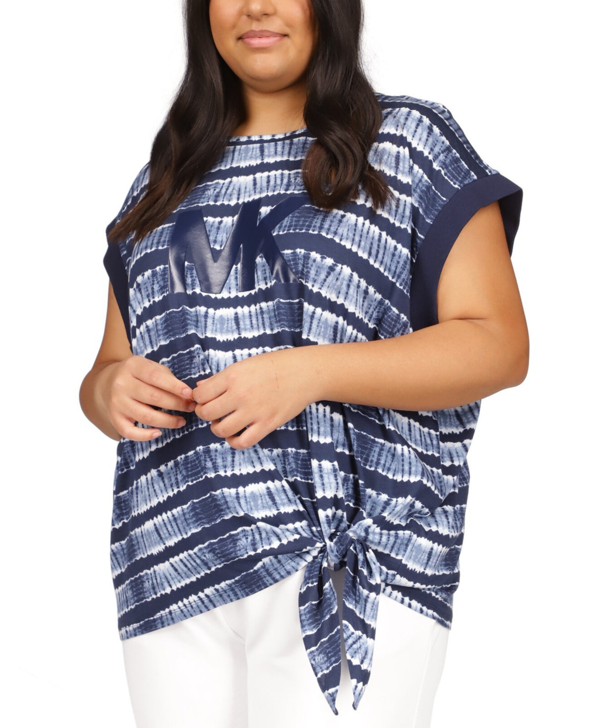 Michael Kors Women's Printed Tie Hem T-Shirt Blue Size 0X