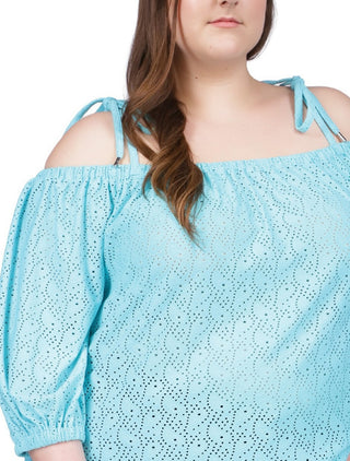 Michael Kors Women's Off The Shoulder Eyelet Top Blue Size 0X