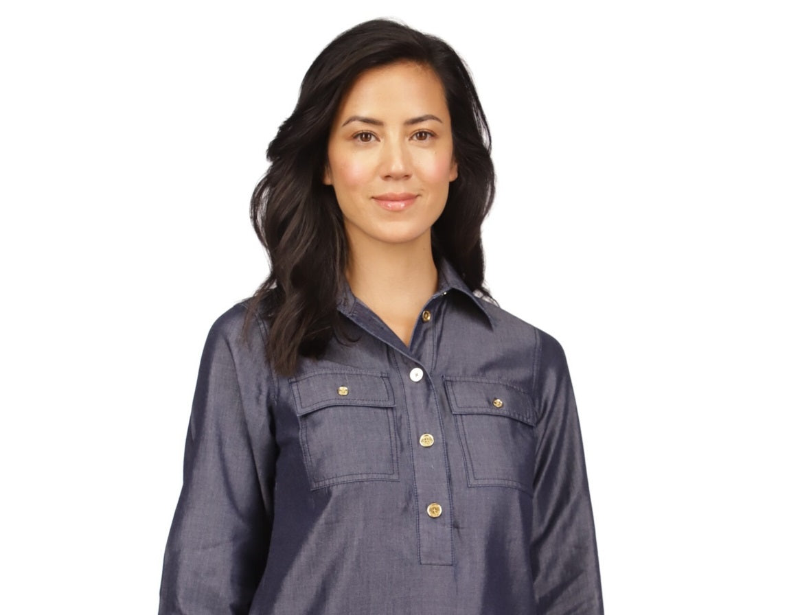 Michael Kors Women's Quarter Button Long Sleeve Tunic Top Blue Size Large