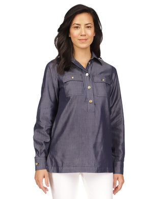 Michael Kors Women's Quarter Button Long Sleeve Tunic Top Blue Size X-Large