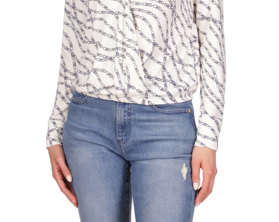 Michael Kors Women's Printed Faux Wrap Logo Top White