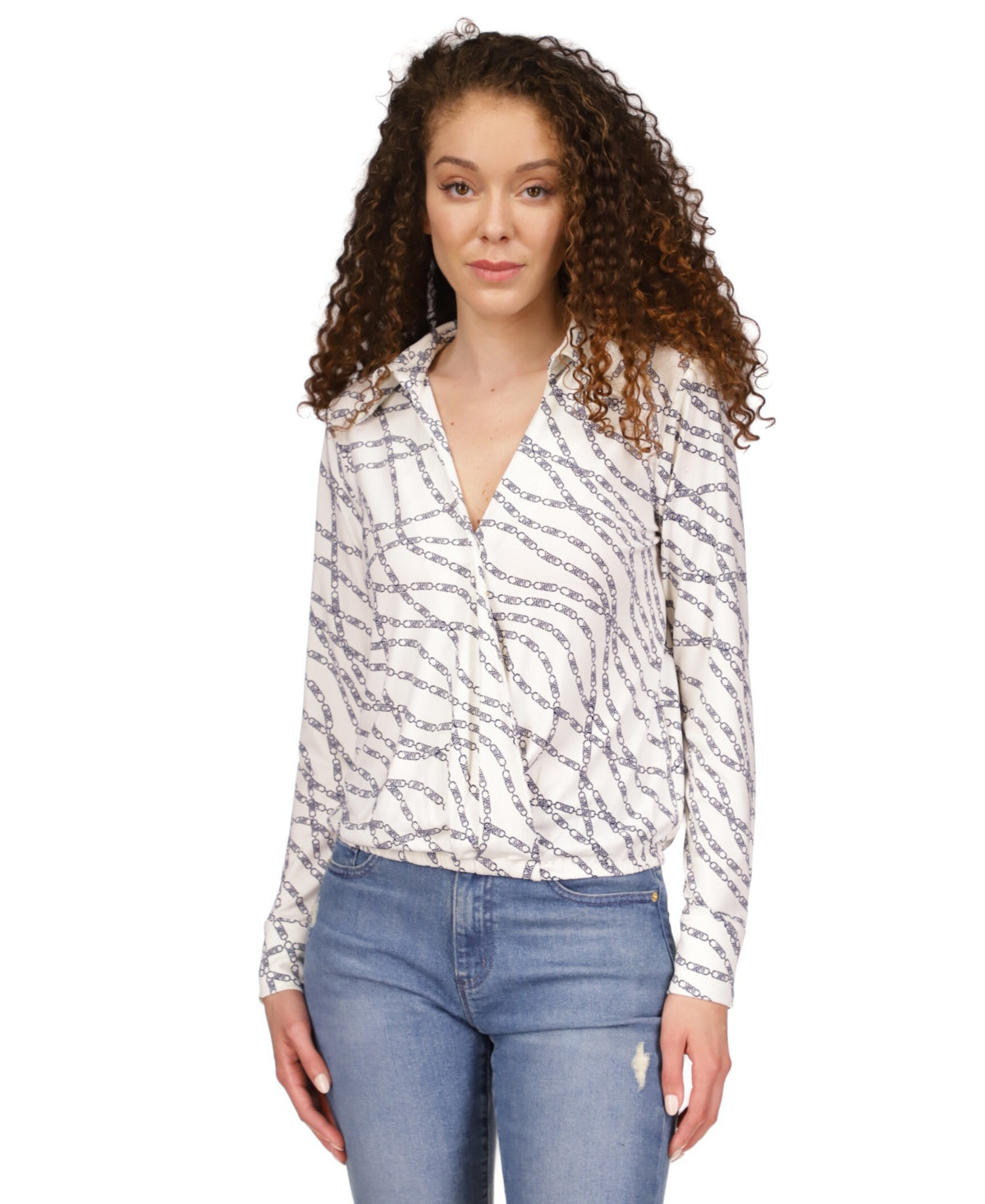 Michael Kors Women's Printed Faux Wrap Logo Top White