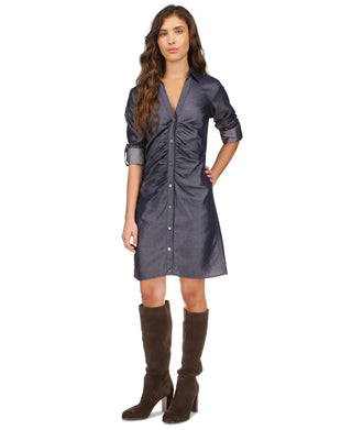 Michael Kors Women's Ruched Front Roll Tab Sleeve Shirtdress Blue