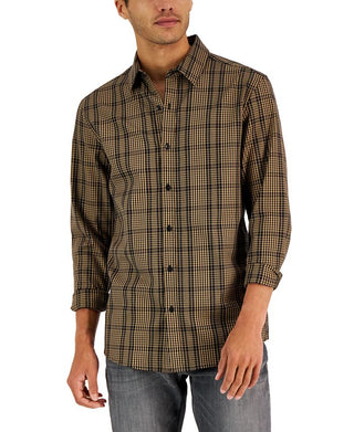 Michael Kors Men's Thames Classic Fit Check Button Down Shirt Brown Size X-Large