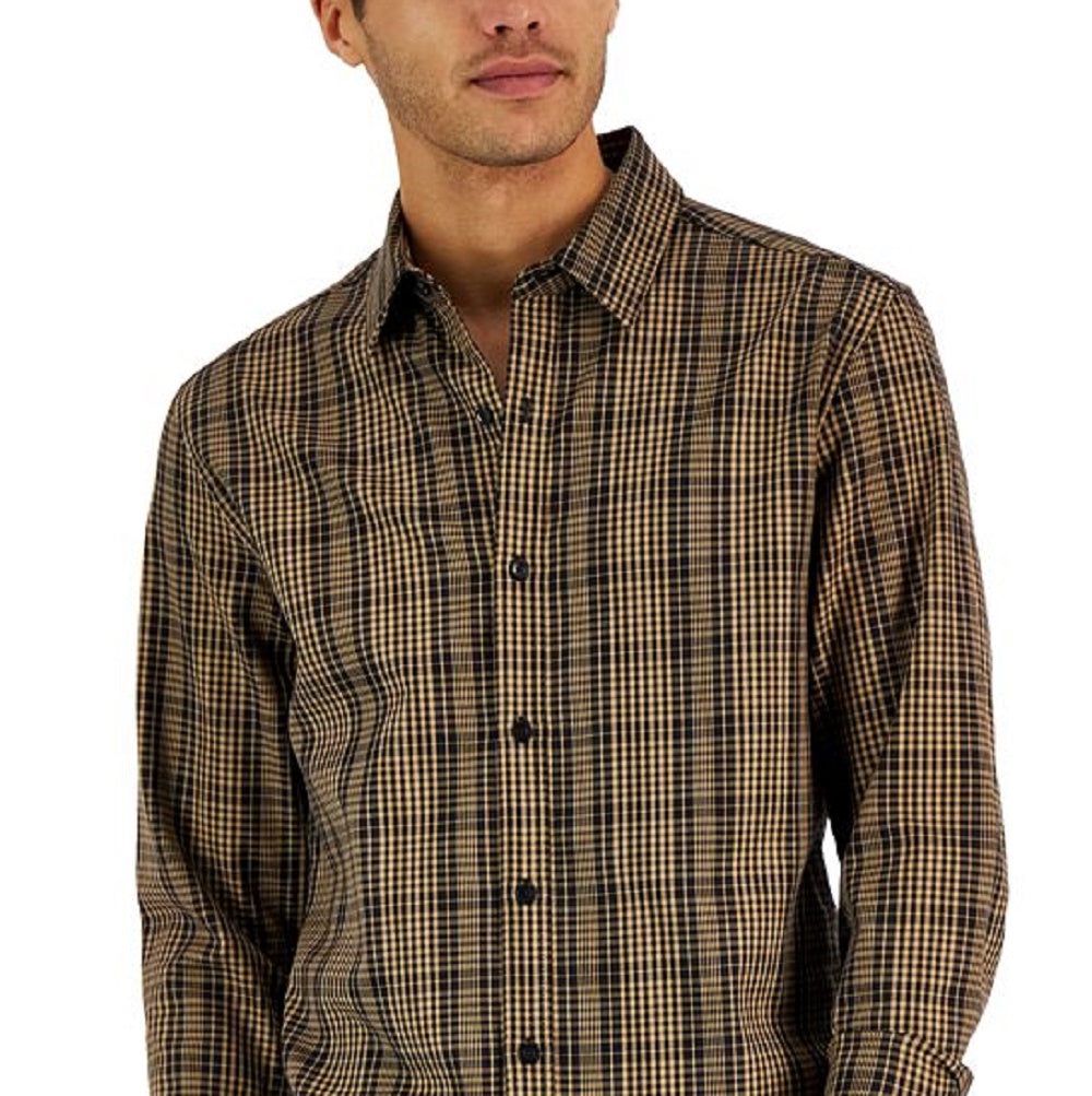 Michael Kors Men's Thames Classic Fit Check Button Down Shirt Brown Size X-Large