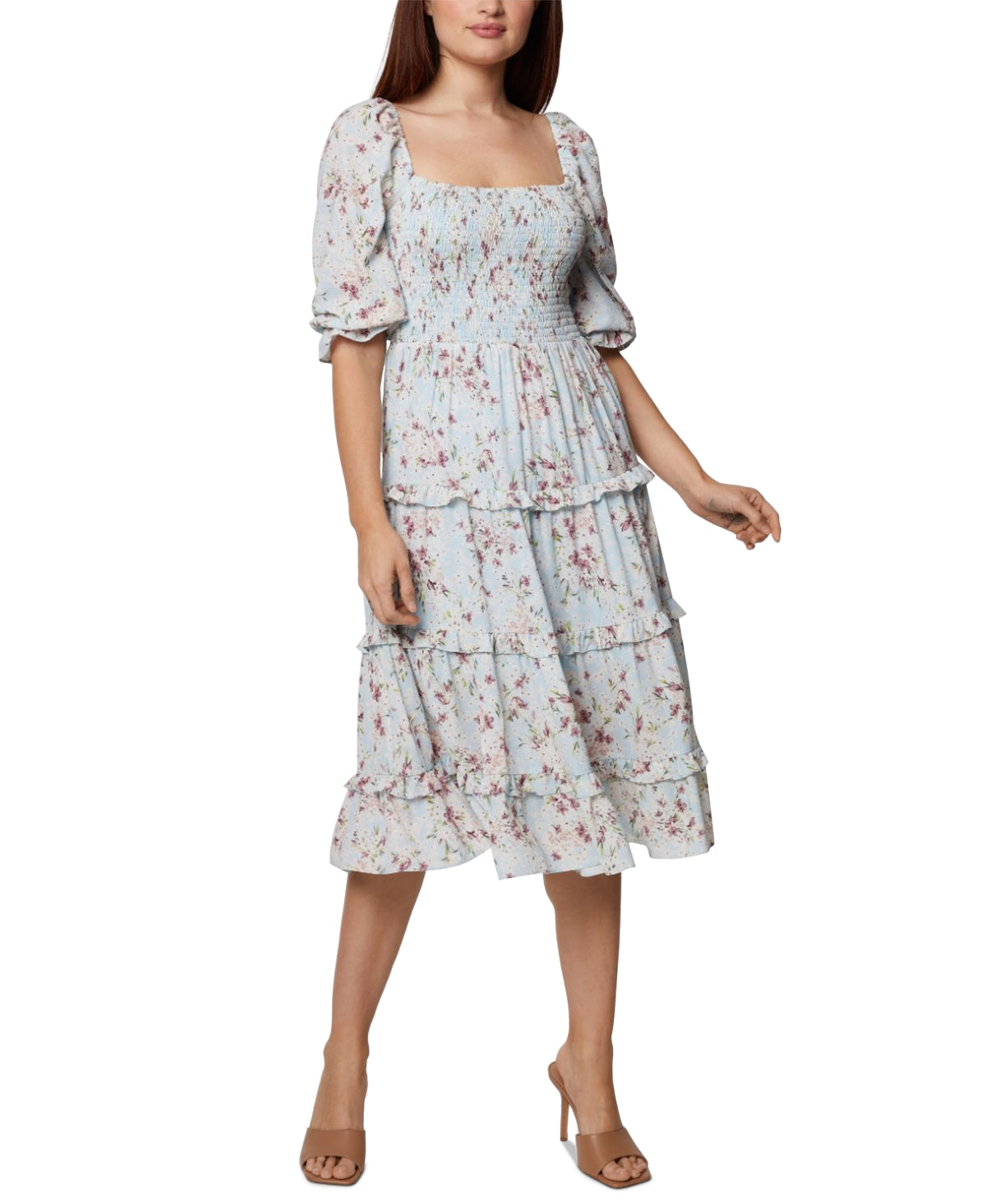 BCBGeneration Women's Smocked Ruffled Midi Dress Blue Size 6