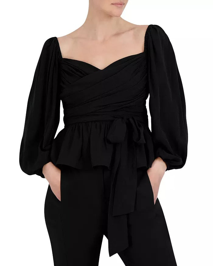 BCBGeneration Womens Jacquard Ruched Balloon Sleeve Top Black Size XSmall