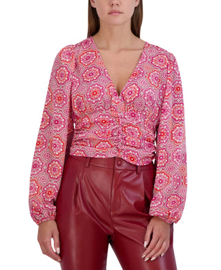 BCBGeneration Women's Cropped Floral Shirred Top Pink Size Medium