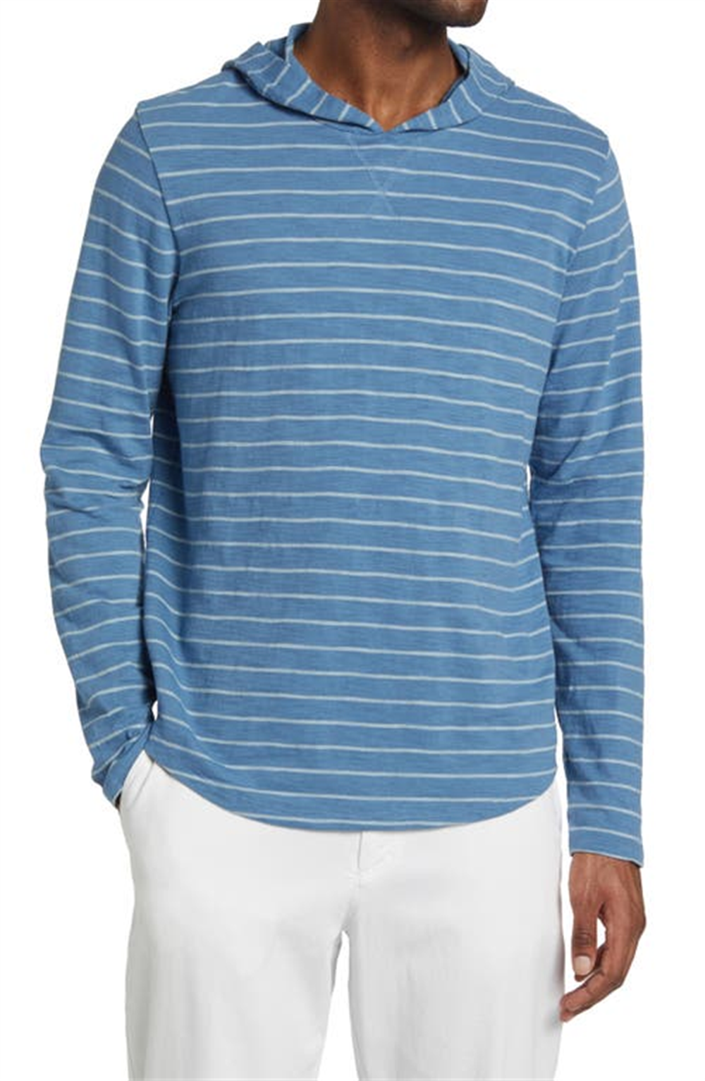 Vince Stripe Cotton Hoodie In Blue Ocean/Glacier Size X-Large