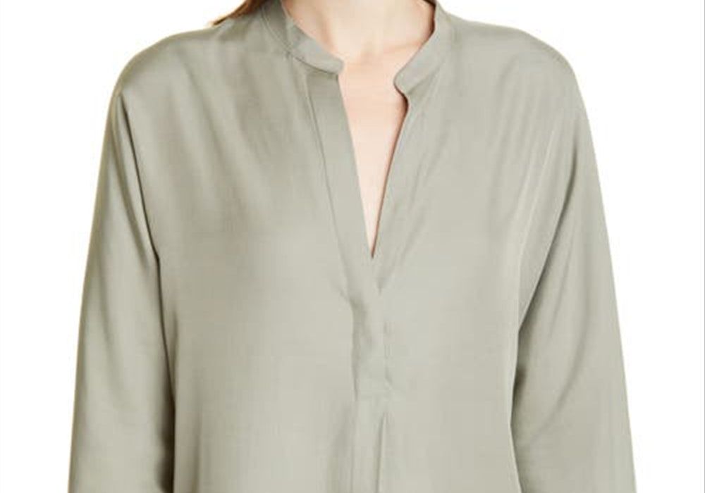 Vince Split Neck Silk Blend Tunic in Moss , Size X-Small