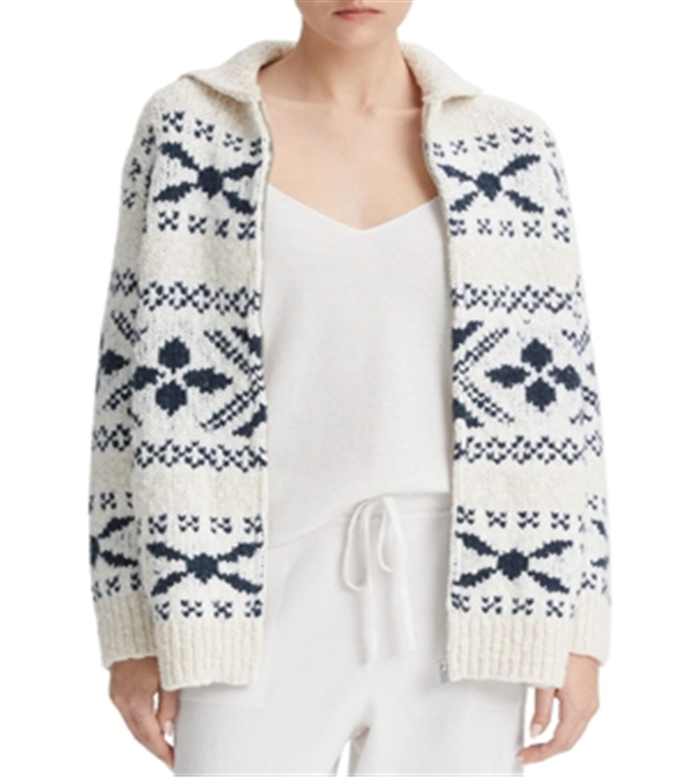 Vince Women's Nordic Fair Isle Zip Cardigan Beige Size Medium