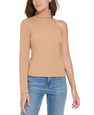 Calvin Klein Jeans Women's One Shoulder Turtleneck Top Brown Size X-Large