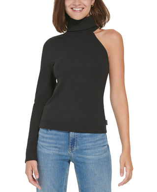 Calvin Klein Jeans Women's One Shoulder Turtleneck Top Black Size Large