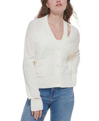 Calvin Klein Women's Cutout V Neck Cardigan White Size Large