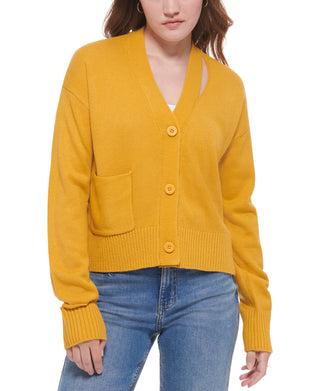 Calvin Klein Women's Cutout V Neck Cardigan Yellow Size X-Small