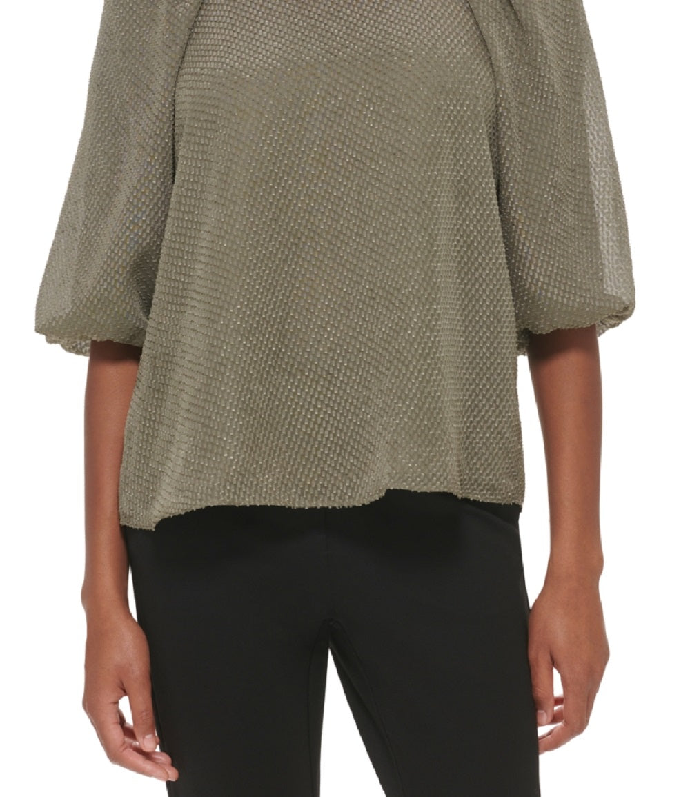 Calvin Klein Women's Textured Lantern Sleeve Top Green Size Medium