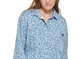 Calvin Klein Jeans Women's Long Sleeve Animal Print Boyfriend Shirt Blue Size Large