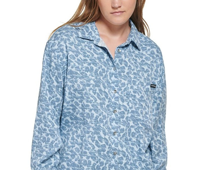 Calvin Klein Women's Long Sleeve Animal Print Boyfriend Shirt Blue Size Medium