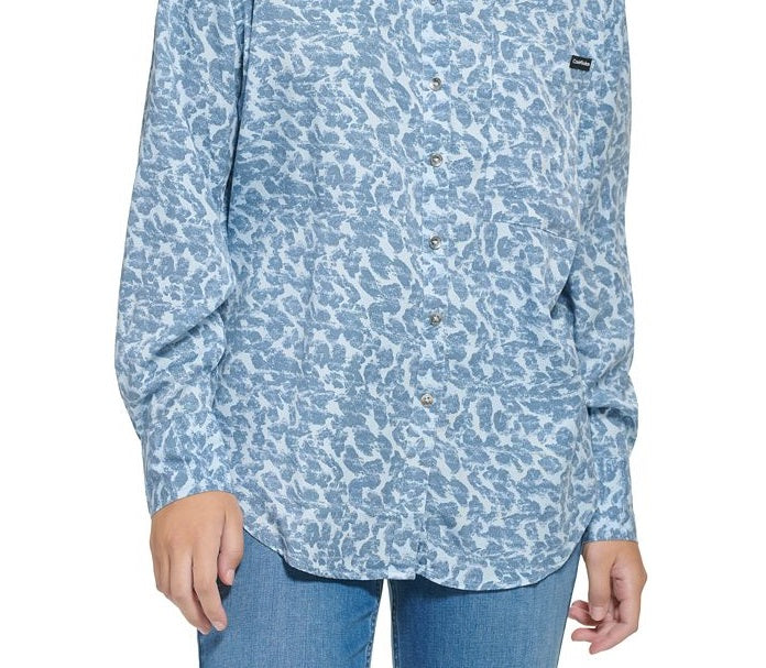 Calvin Klein Women's Long Sleeve Animal Print Boyfriend Shirt Blue Size Medium