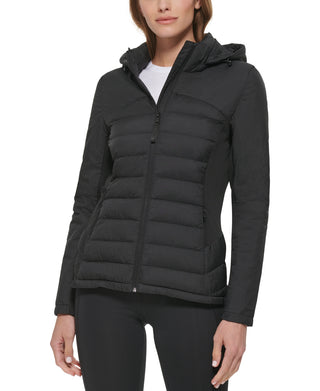 Calvin Klein Women's Hooded Mix Media Coat Black Size X-Large