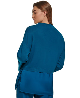 Calvin Klein Women's Mock Neck Mixed Media Layered Sweater Green Size Small