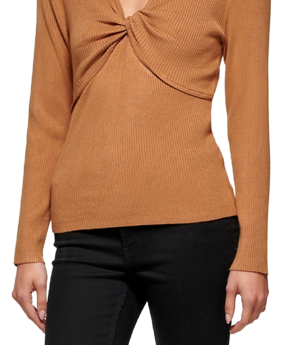 Calvin Klein Women's Twist Front Ribbed Sweater Brown Size Small