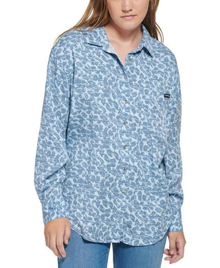 Calvin Klein Jeans Women's Long Sleeve Animal Print Boyfriend Shirt Gray Size Medium