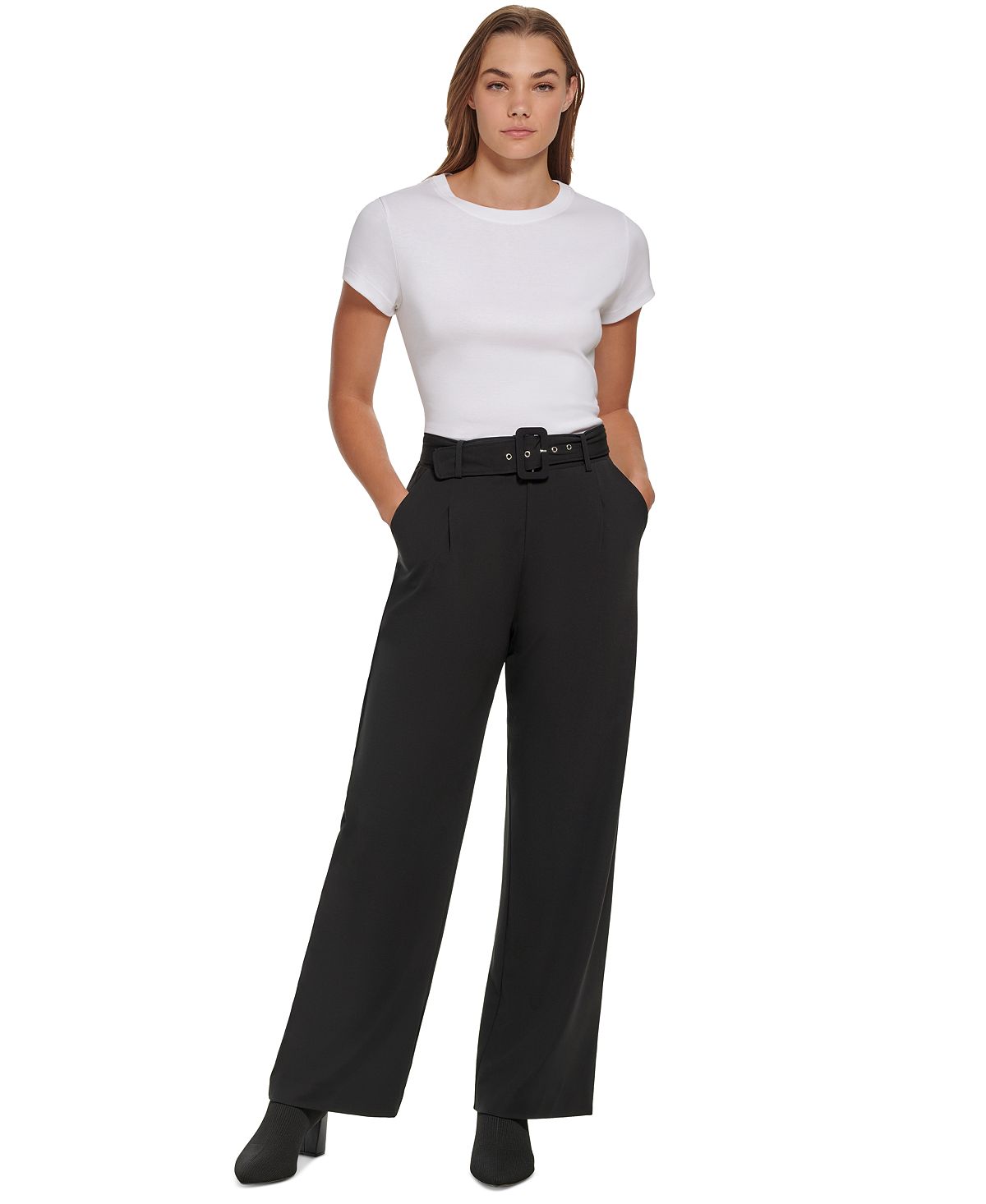 Calvin Klein Women's High Waist Belted Ponte Pants Black Size Large