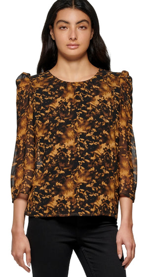 Calvin Klein Women's Long Sleeve Printed Puff Shoulder Blouse Black Size Medium