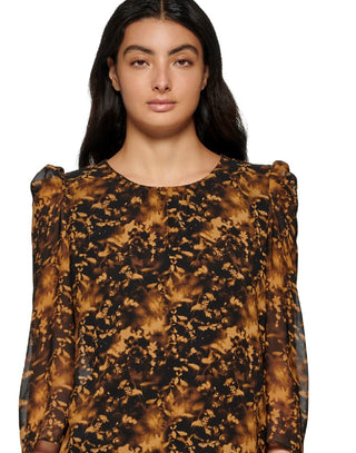 Calvin Klein Women's Long Sleeve Printed Puff Shoulder Blouse Black Size Medium