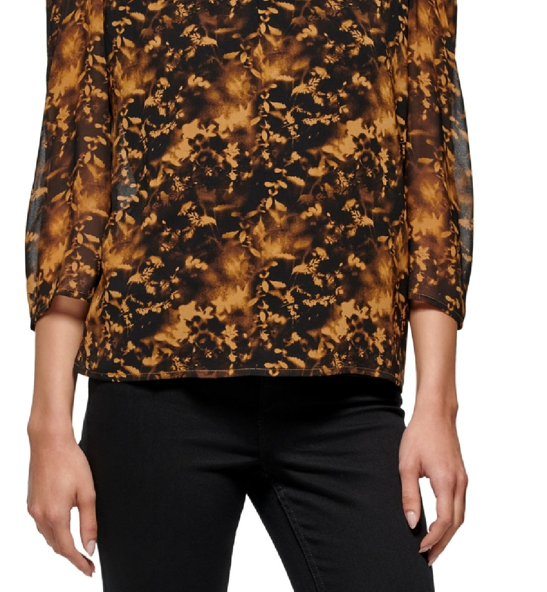 Calvin Klein Women's Long Sleeve Printed Puff Shoulder Blouse Black Size Medium