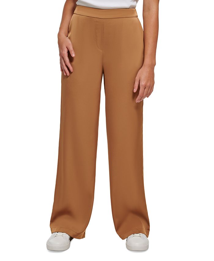 Calvin Klein Women's Satin Wide Leg Pull On Pants Brown Size Large