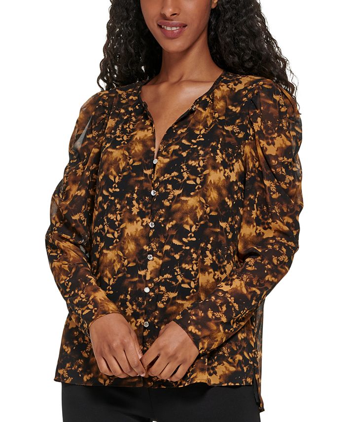 Calvin Klein Women's Long Sleeve Printed Puff Shoulder Blouse Black Size Large