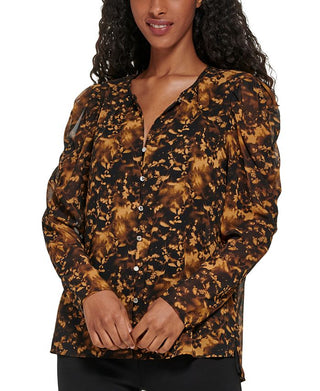 Calvin Klein Women's Long Sleeve Printed Puff Shoulder Blouse Black Size Large