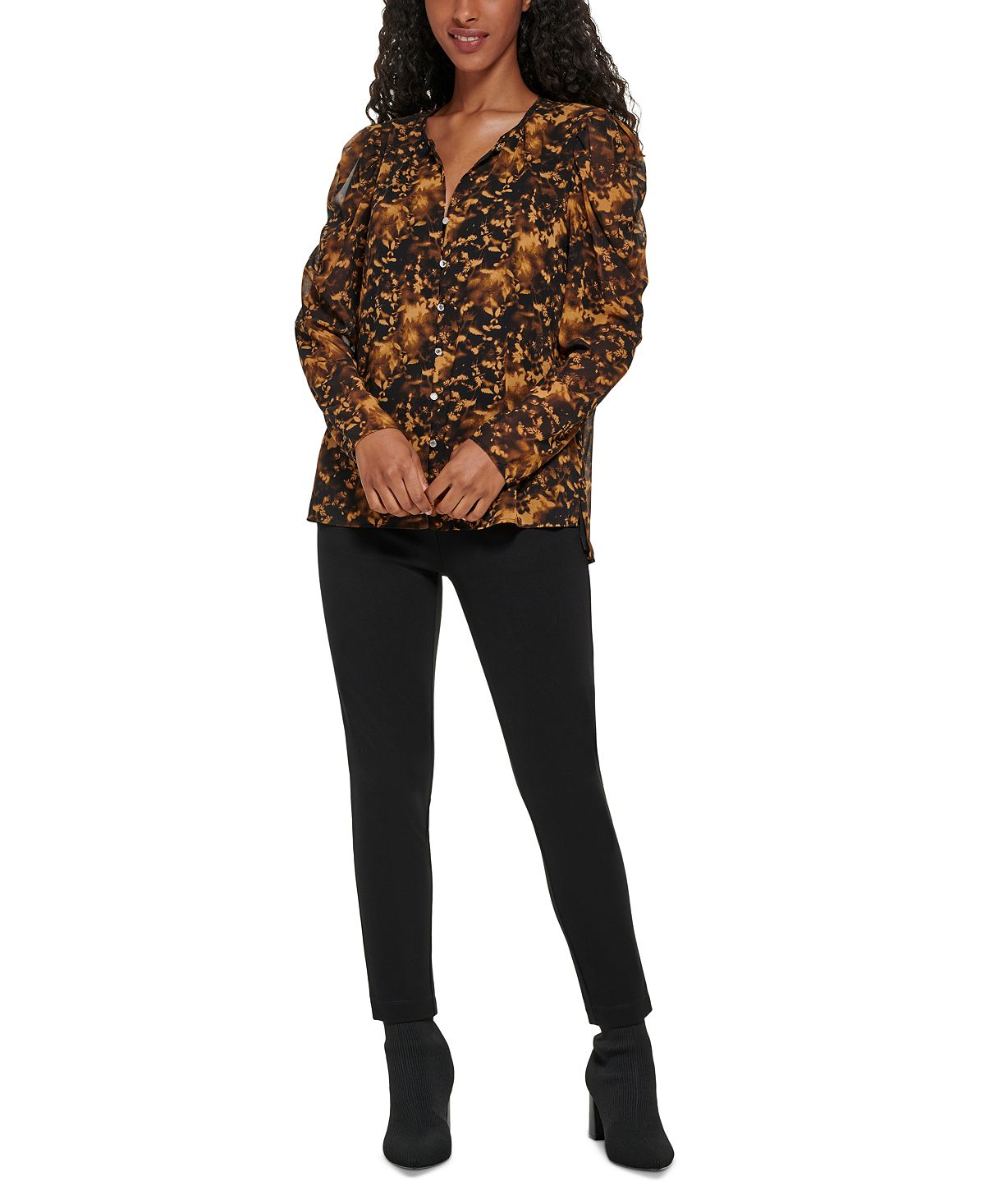 Calvin Klein Women's Long Sleeve Printed Puff Shoulder Blouse Black Size Large