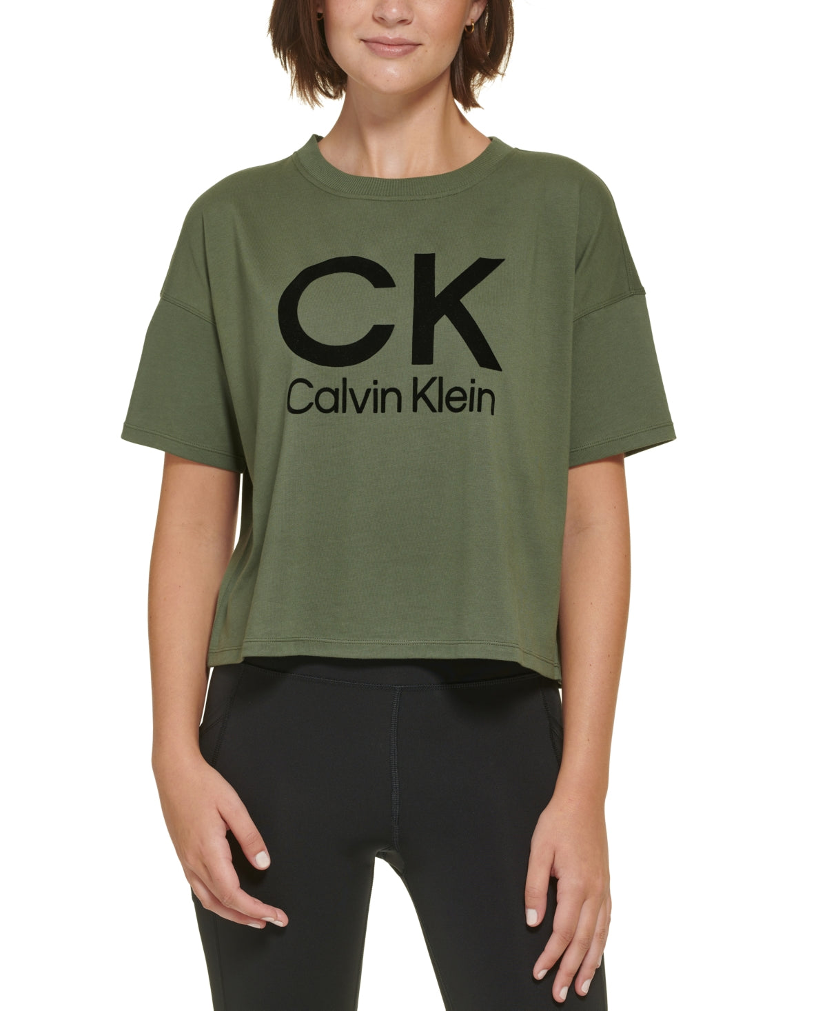 Calvin Klein Women's Stacked Flocking Logo Print Cotton T-Shirt Green Size Large