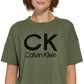 Calvin Klein Women's Stacked Flocking Logo Print Cotton T-Shirt Green Size Large