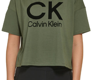 Calvin Klein Women's Stacked Flocking Logo Print Cotton T-Shirt Green Size Large