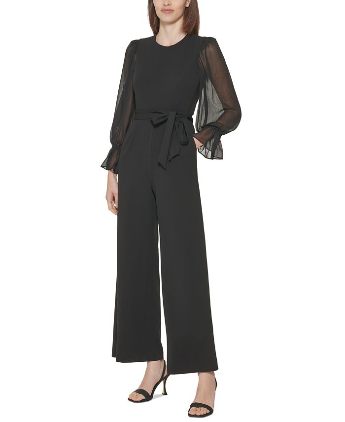 Calvin Klein Women's Crewneck Chiffon Flare Leg Jumpsuit Black Size 8