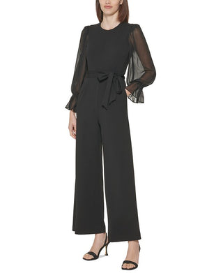 Calvin Klein Women's Crewneck Chiffon Flare Leg Jumpsuit Black Size 8